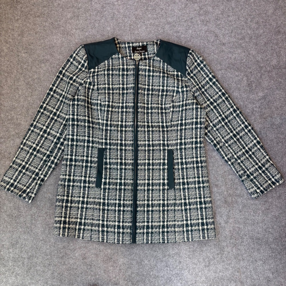 Dennis Basso Mens Green White Tweed Plaid Zip Jacket Faux Leather Trim Size 16